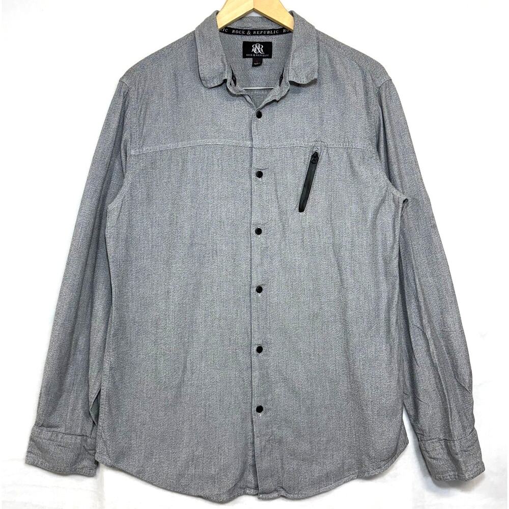 Rock & Republic Large Buttoned Heather Gray Dress Shirt Pocket Streetwear Sleek